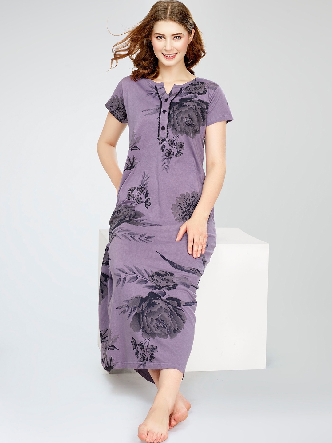

Zeyo Floral Printed Pure Cotton Maxi Nightdress, Violet