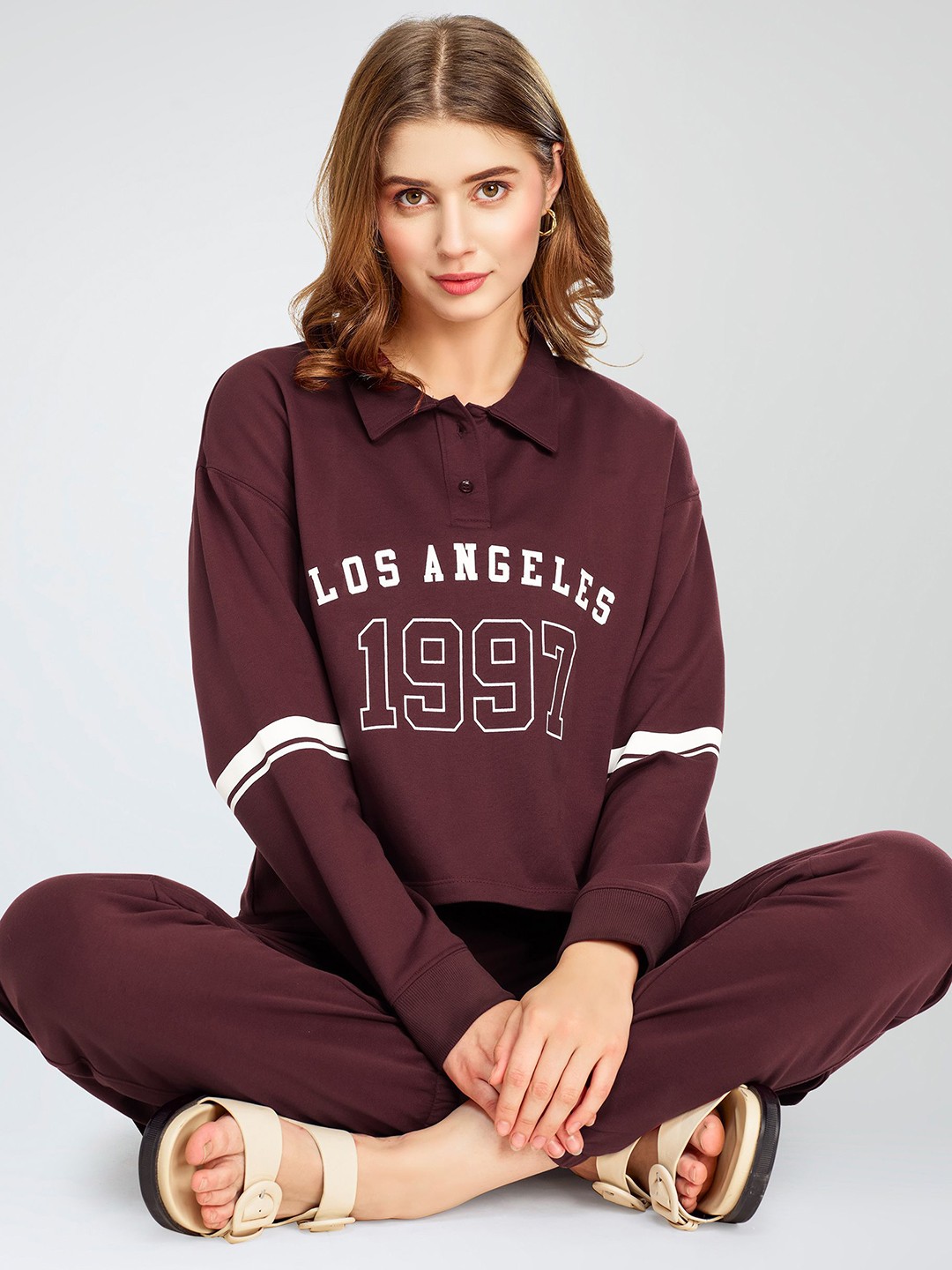 

Zeyo Typography Printed Shirt Collar Top With Joggers, Brown