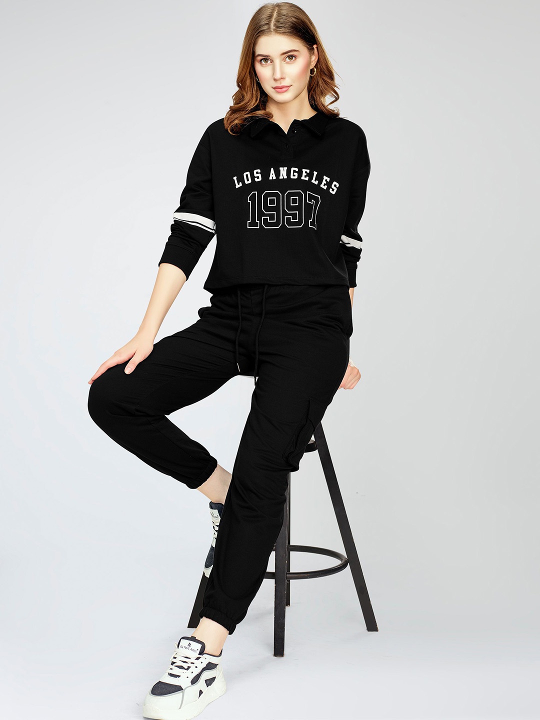 Zeyo Typography Printed Shirt Collar Top With Joggers Co-Ords, Black