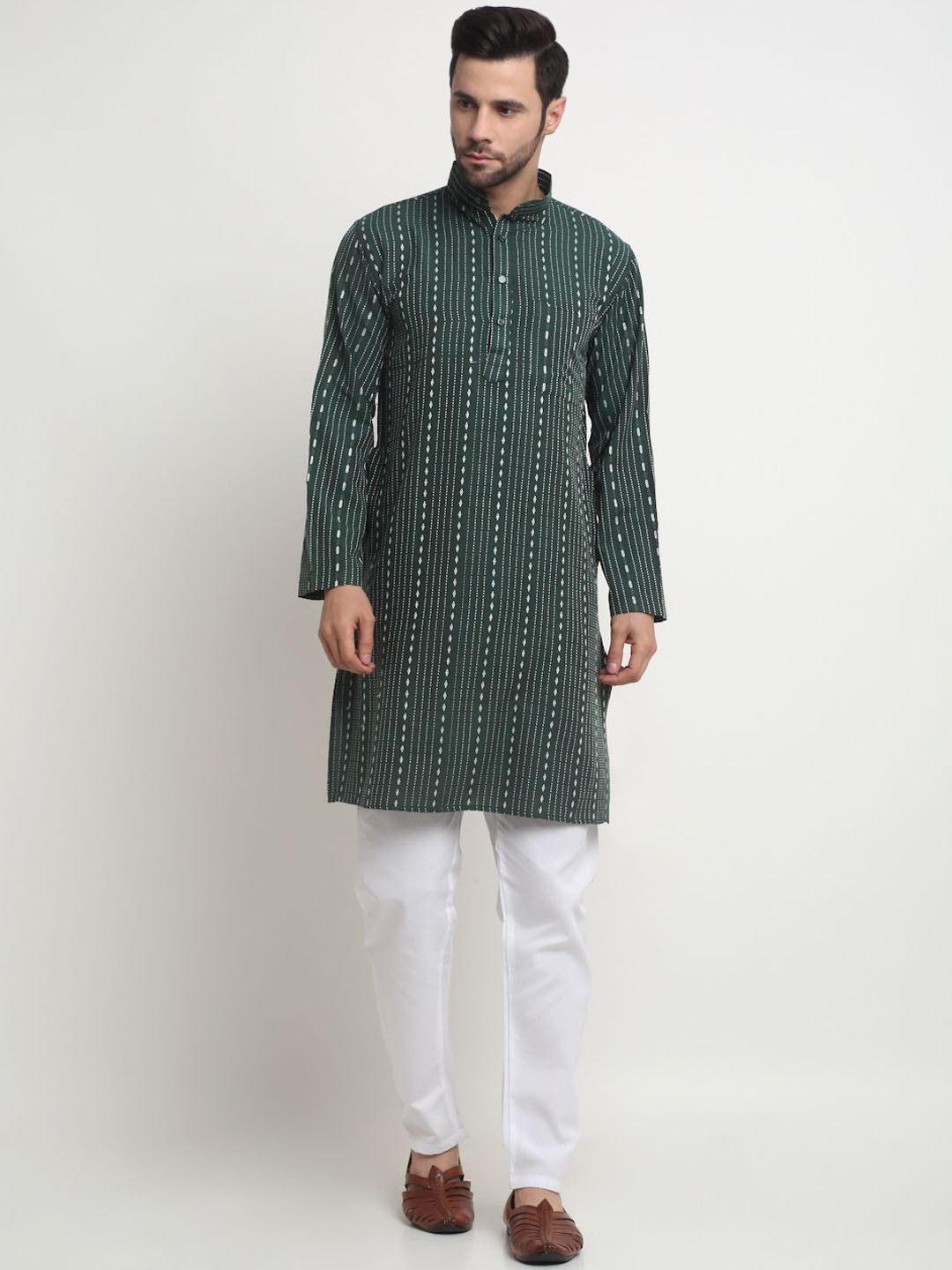 

Arrabi Striped Mandarin Collar Regular Pure Cotton Kurta with Pyjamas, Green