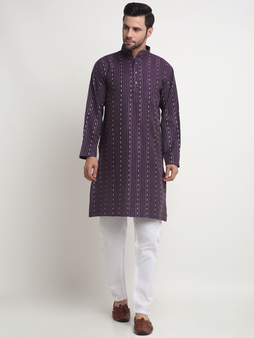 

Arrabi Striped Mandarin Collar Regular Pure Cotton Kurta with Pyjamas, Purple