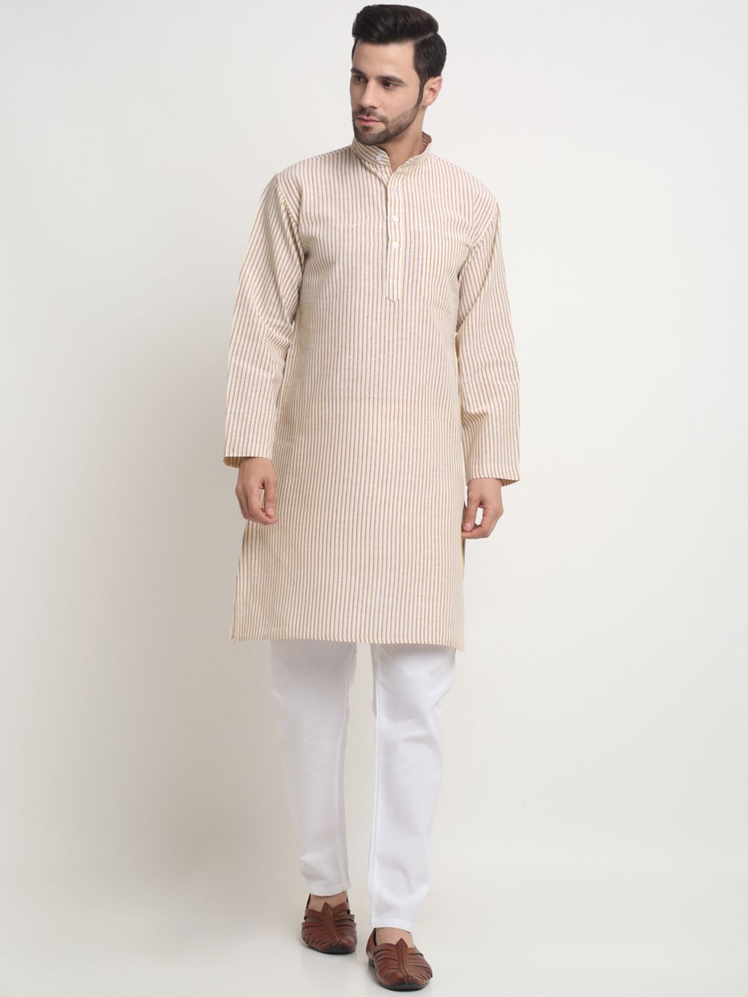 

Arrabi Striped Mandarin Collar Regular Pure Cotton Kurta with Pyjamas, Beige