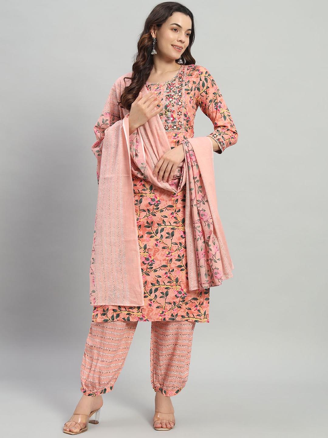 ASHRU Floral Printed Regular Mirror Work Kurta With Patiala & Dupatta, Pink