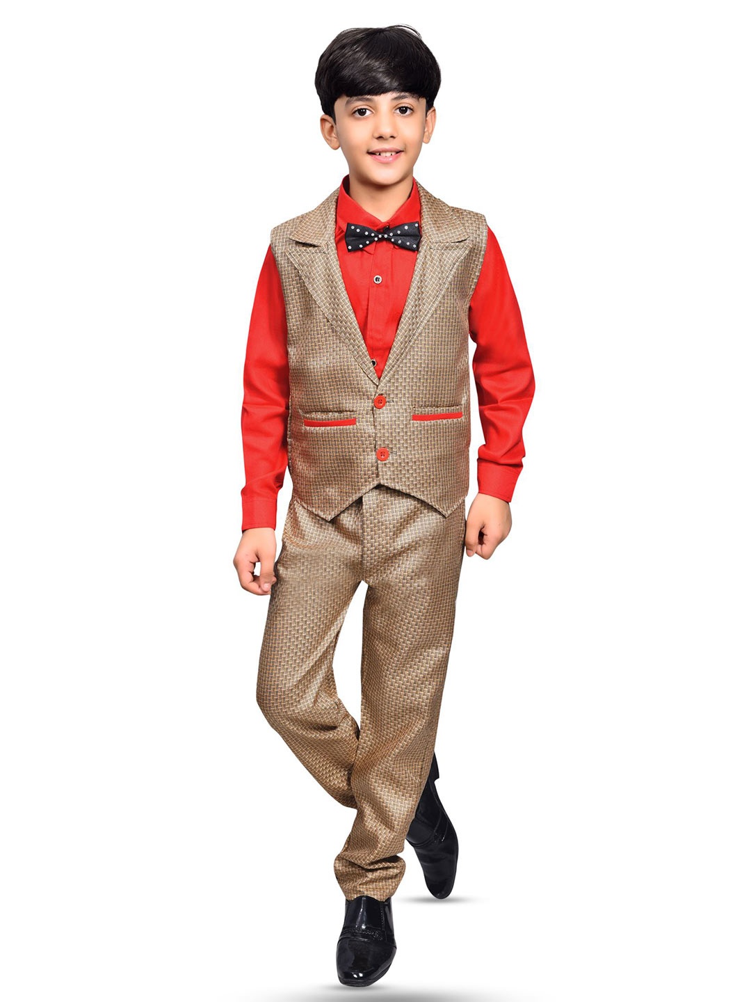 

BAESD Boys Shirt With Self Design Trouser & Waistcoat, Beige