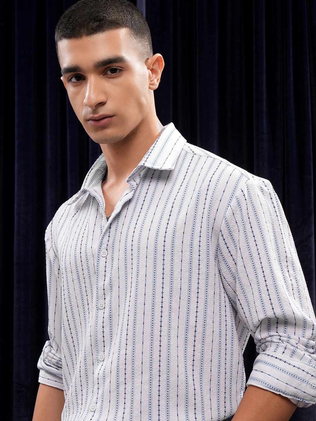 

HIGHLANDER Men Popcorn Textured Printed Striped Relaxed Shirt, White