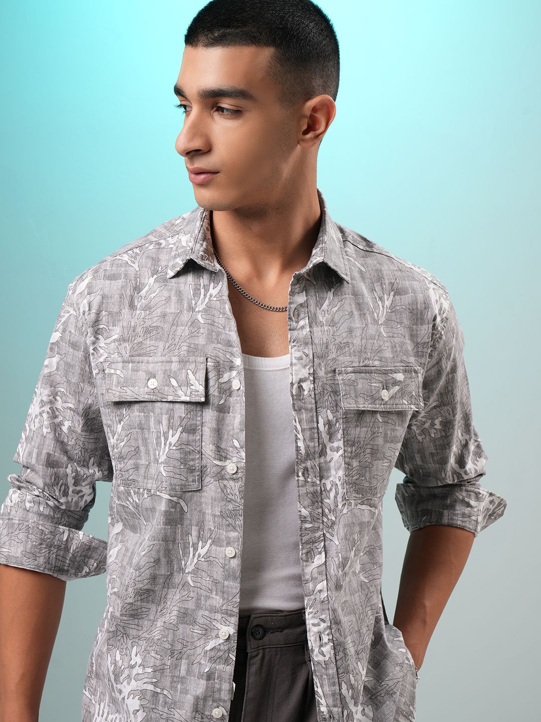 

HIGHLANDER Men Dobby Textured Printed Utility Pocket Relaxed Shirt, Grey