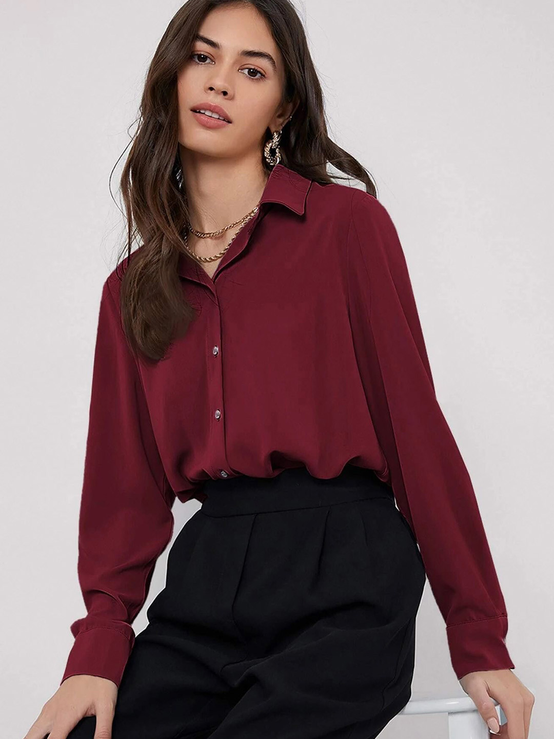 

FNOCKS Women Classic Full-Sleeve Opaque Formal Office Wear Shirt, Maroon