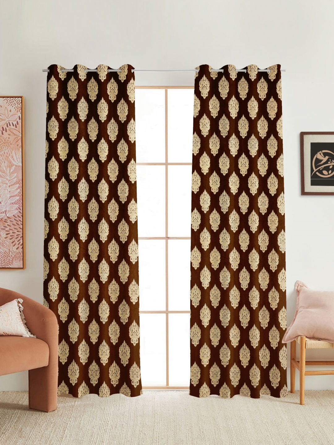 

RIDHAAN Brown & Beige 2 Pieces Ethnic Motifs Black Out Door Curtain