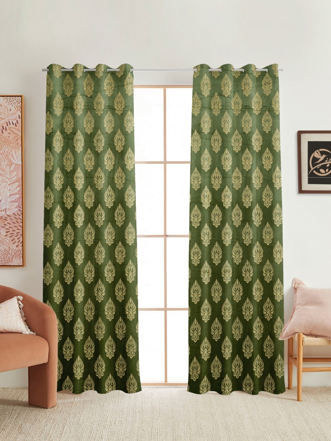 

RIDHAAN Green & Yellow 2 Pieces Ethnic Motifs Black Out Door Curtain