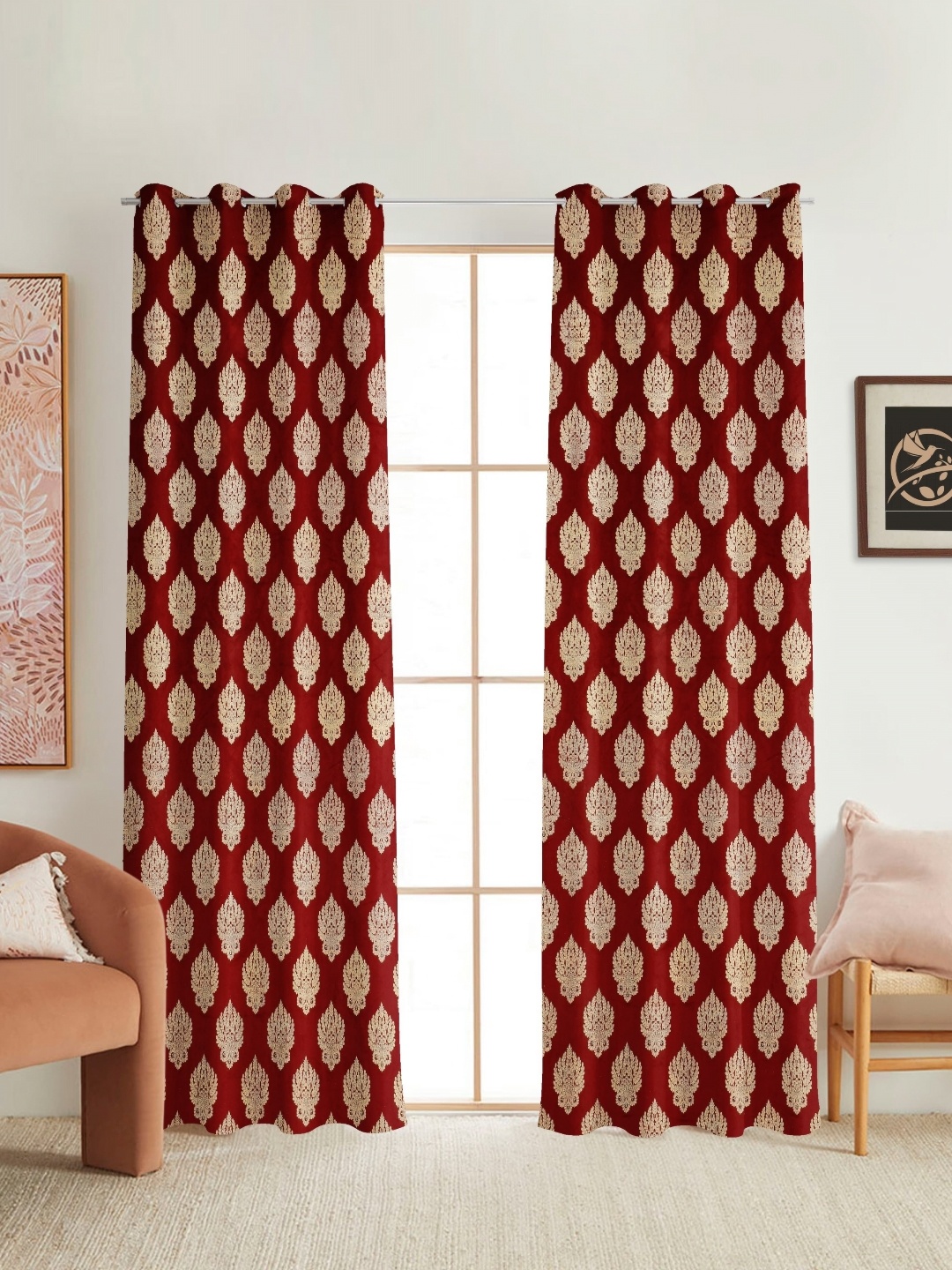 

RIDHAAN Maroon & Beige 2 Pieces Ethnic Motifs Black Out Door Curtain