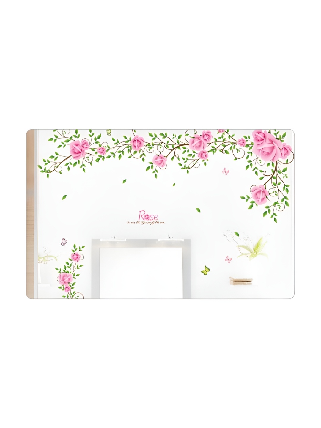 Asian royal Green & Pink 3D Floral Printed Self Adhesive Wall Sticker, White