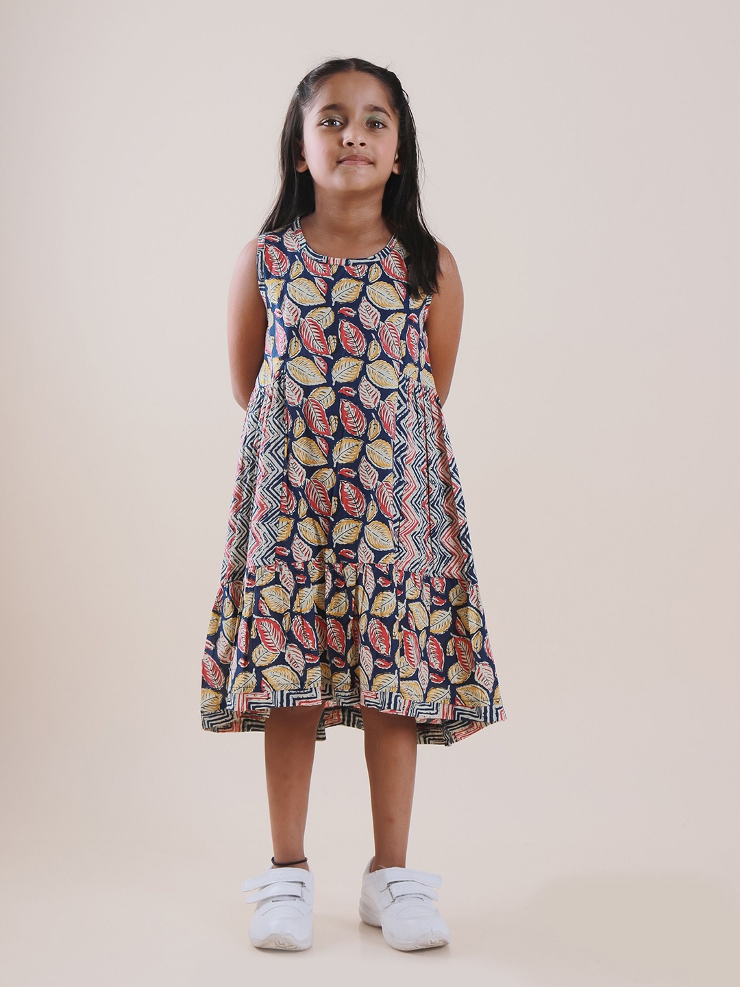 

Sangria Girls Tropical Printed Pure Cotton A-Line Dress, Navy blue