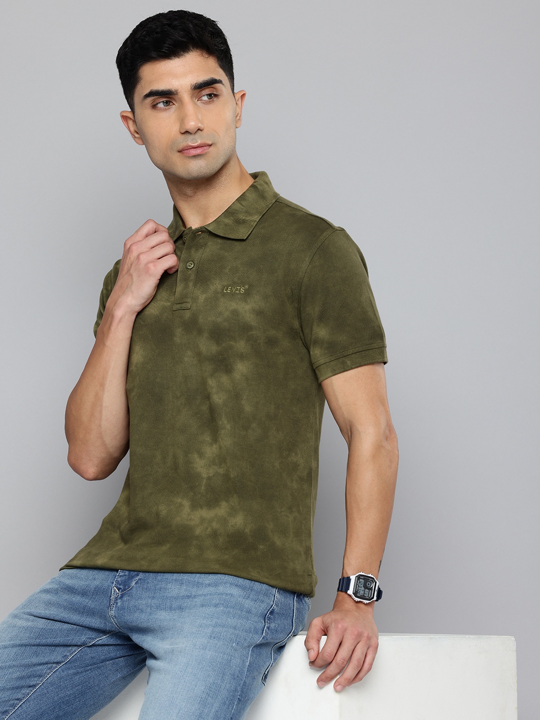 

Levis Tie and Dye Polo Collar Pure Cotton Slim Fit T-shirt, Olive