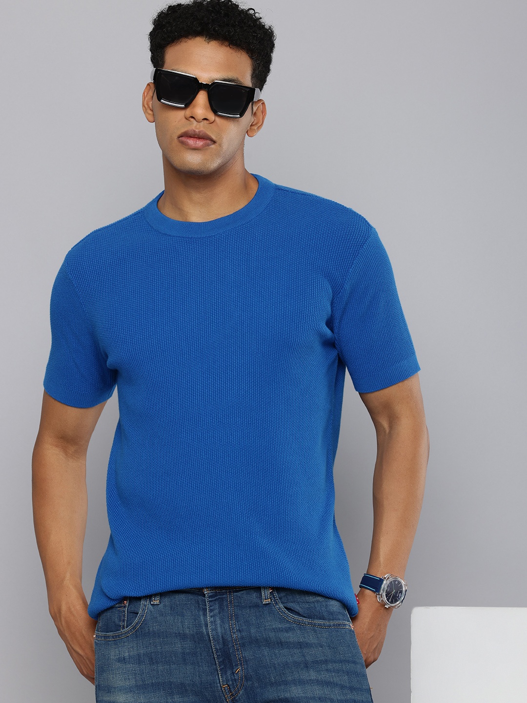 

Levis Pure Cotton Textured Pullover Sweaters, Blue