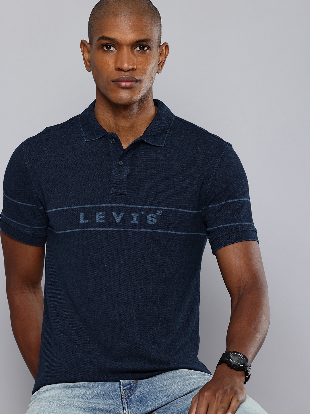 

Levis Brand Logo Printed Polo Collar Pure Cotton Slim Fit T-shirt, Navy blue