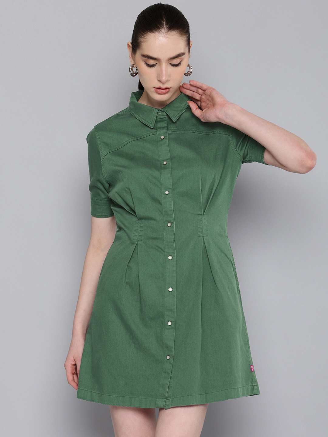 

Levis Shirt Collar Cuffed Sleeves Pure Cotton Shirt Mini Dress, Green