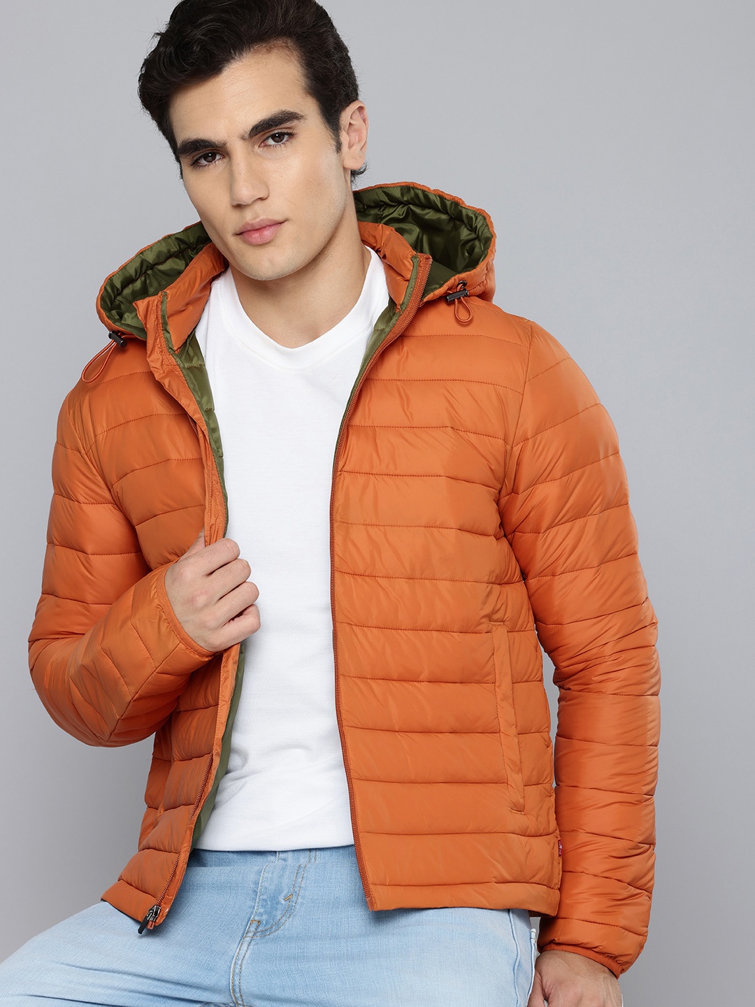 

Levis Long Sleeves Hooded Padded Jacket With Pouch, Rust