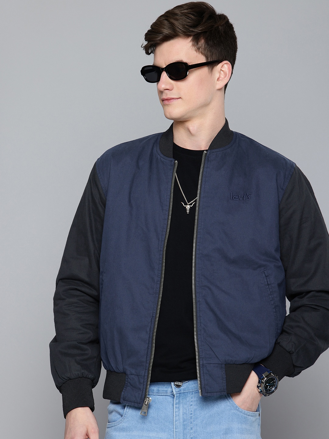 Levis Pure Cotton Mandarin Collar Bomber Jacket, Navy blue