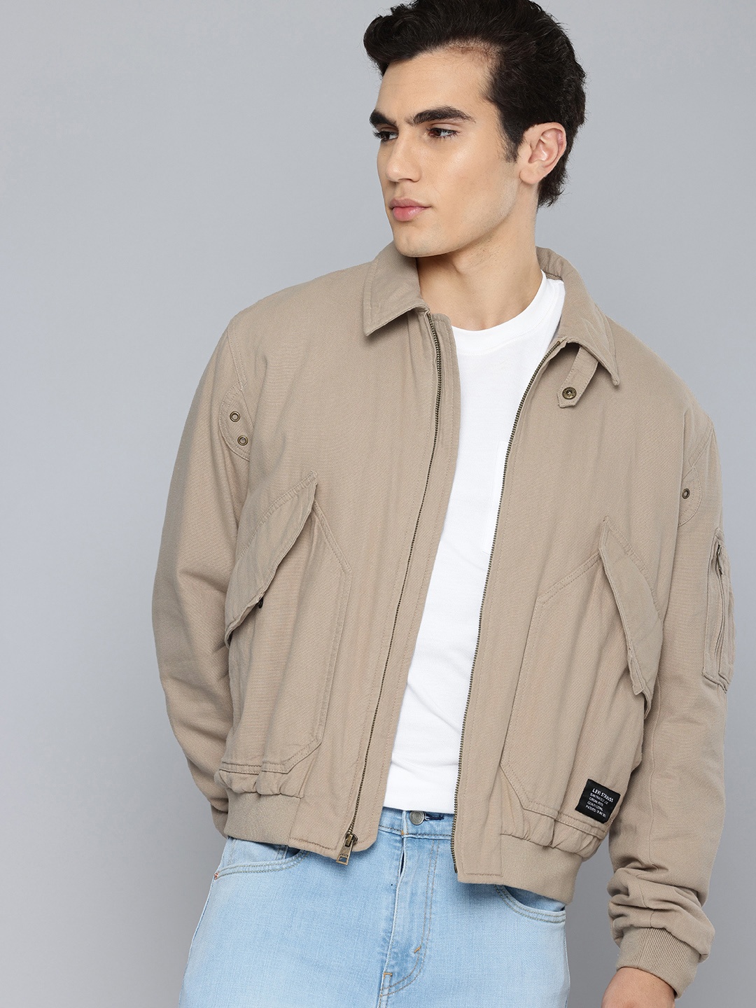 

Levis Spread Collar Pure Cotton Bomber Jacket, Beige