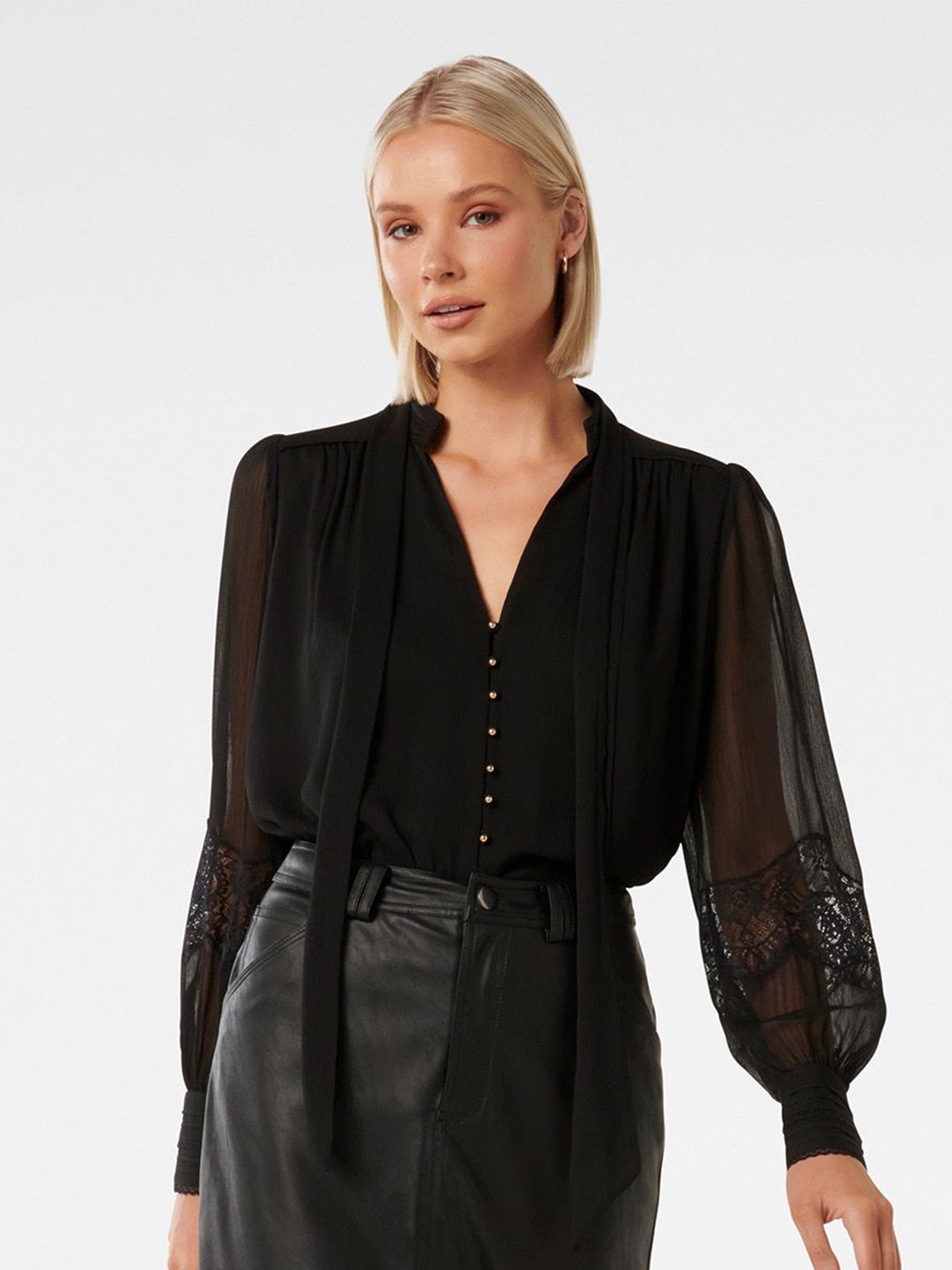 

Forever New Women Solid Long Sleeves Mandarin Collar Top, Black