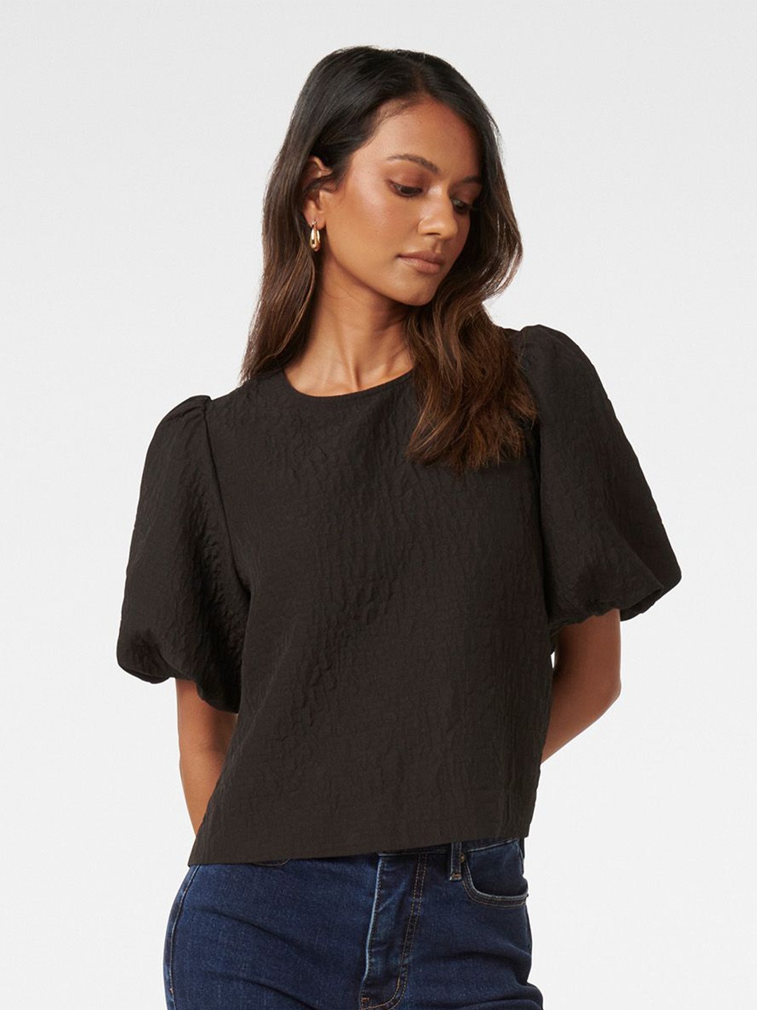 

Forever New Solid Bubble Sleeve Top, Black