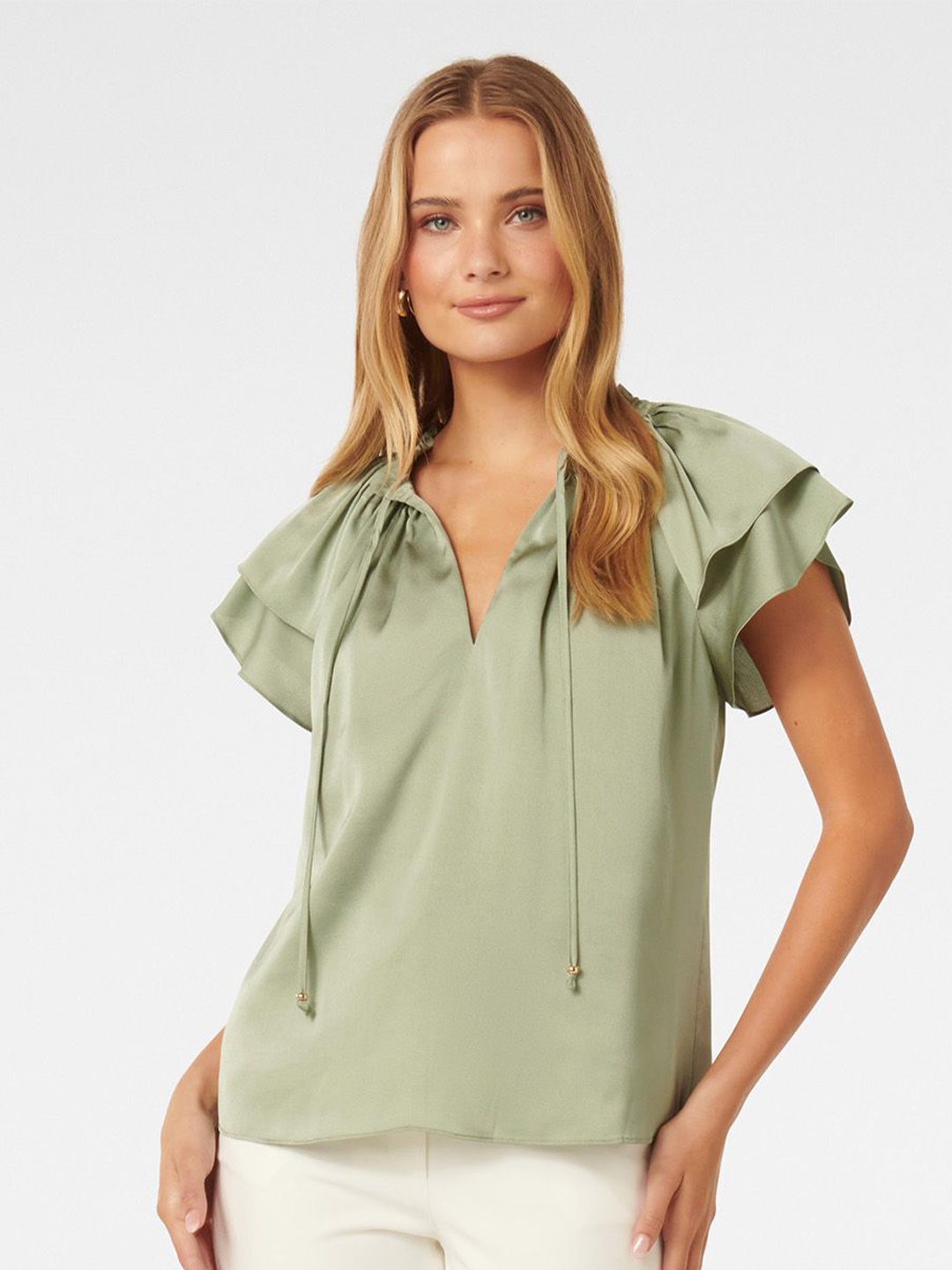 

Forever New Women Solid V-Neck Flutter Sleeve Top, Green