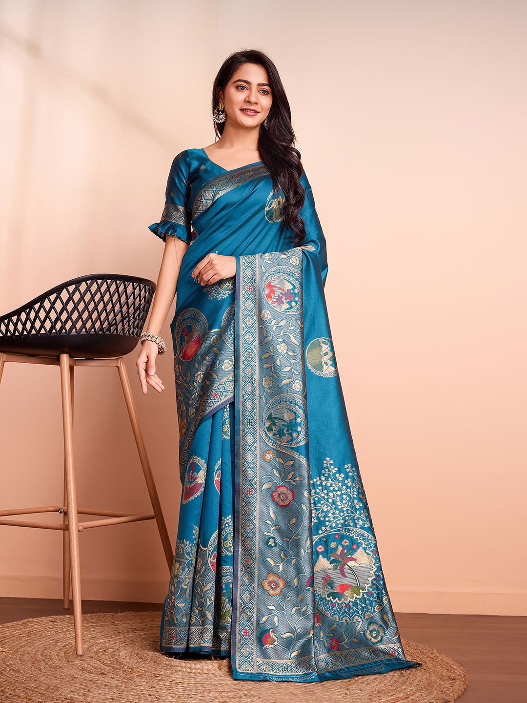 

RICH & ROMAN Ethnic Motifs Zari Woven Pure Silk Banarasi Saree, Blue