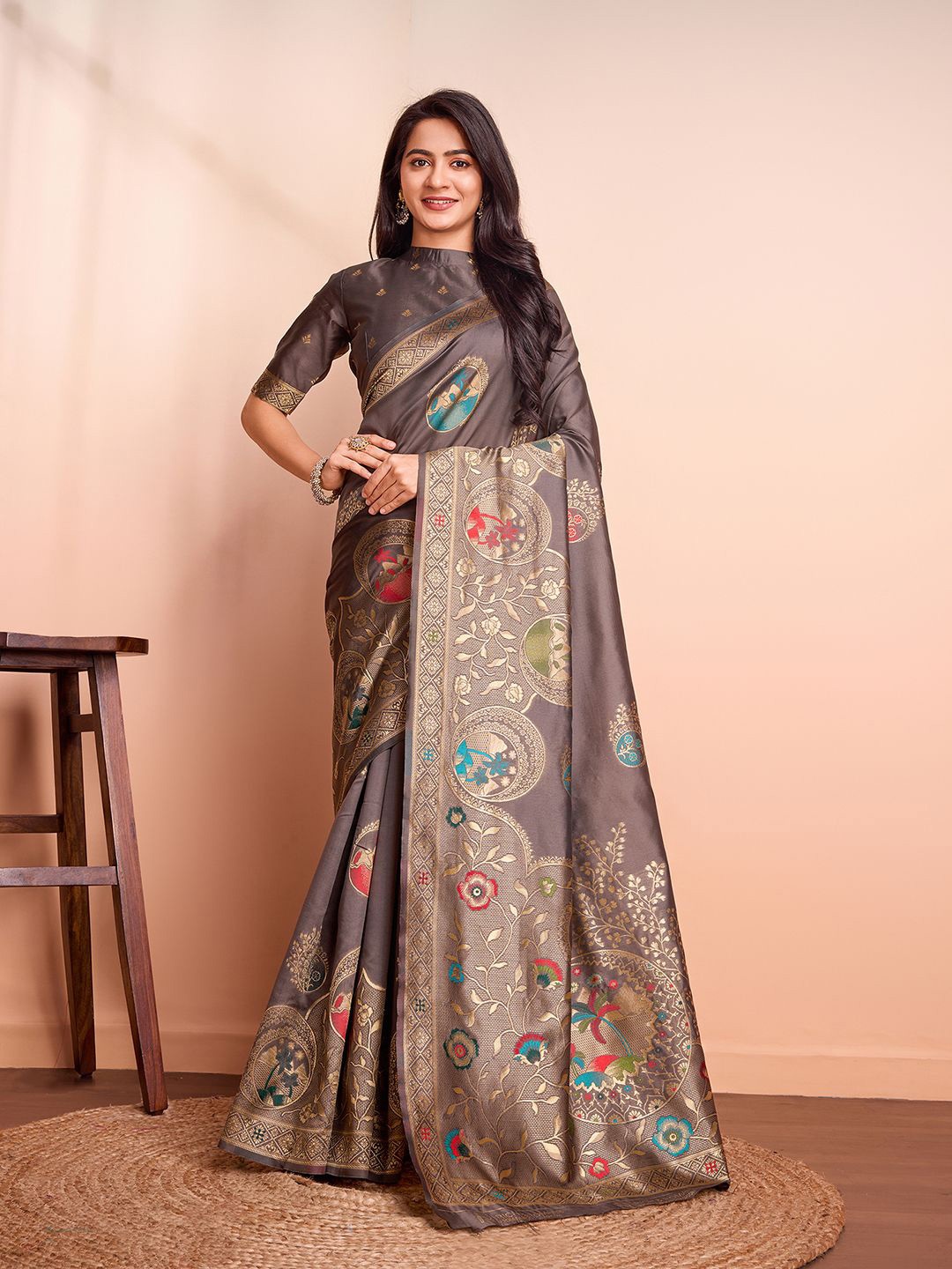 

RICH & ROMAN Ethnic Motifs Zari Woven Pure Silk Banarasi Saree, Grey