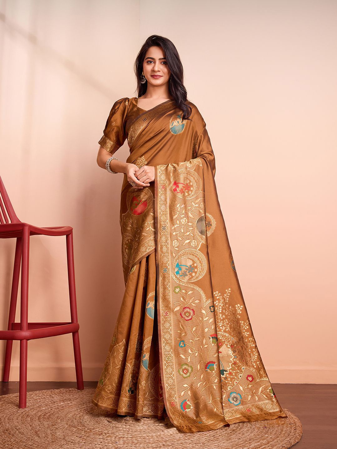 

RICH & ROMAN Ethnic Motifs Zari Woven Pure Silk Banarasi Saree, Mustard