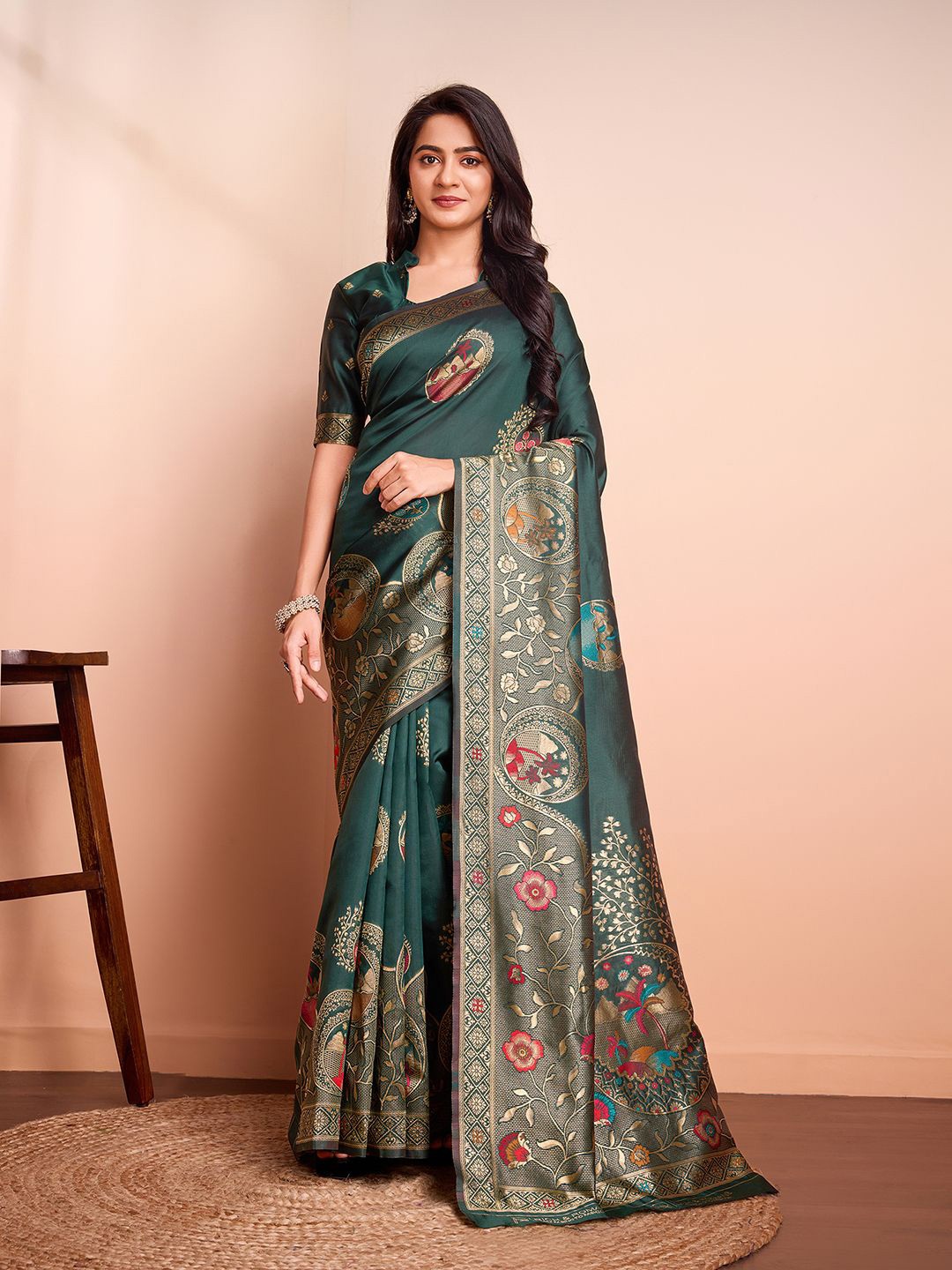 

RICH & ROMAN Ethnic Motifs Zari Woven Pure Silk Banarasi Saree, Green