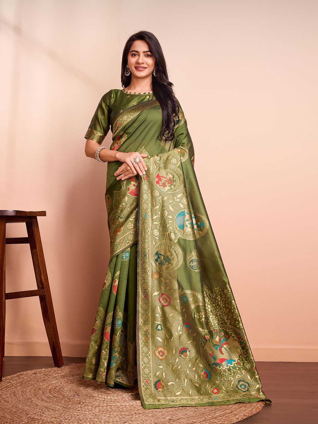 

RICH & ROMAN Ethnic Motifs Zari Woven Pure Silk Banarasi Saree, Olive