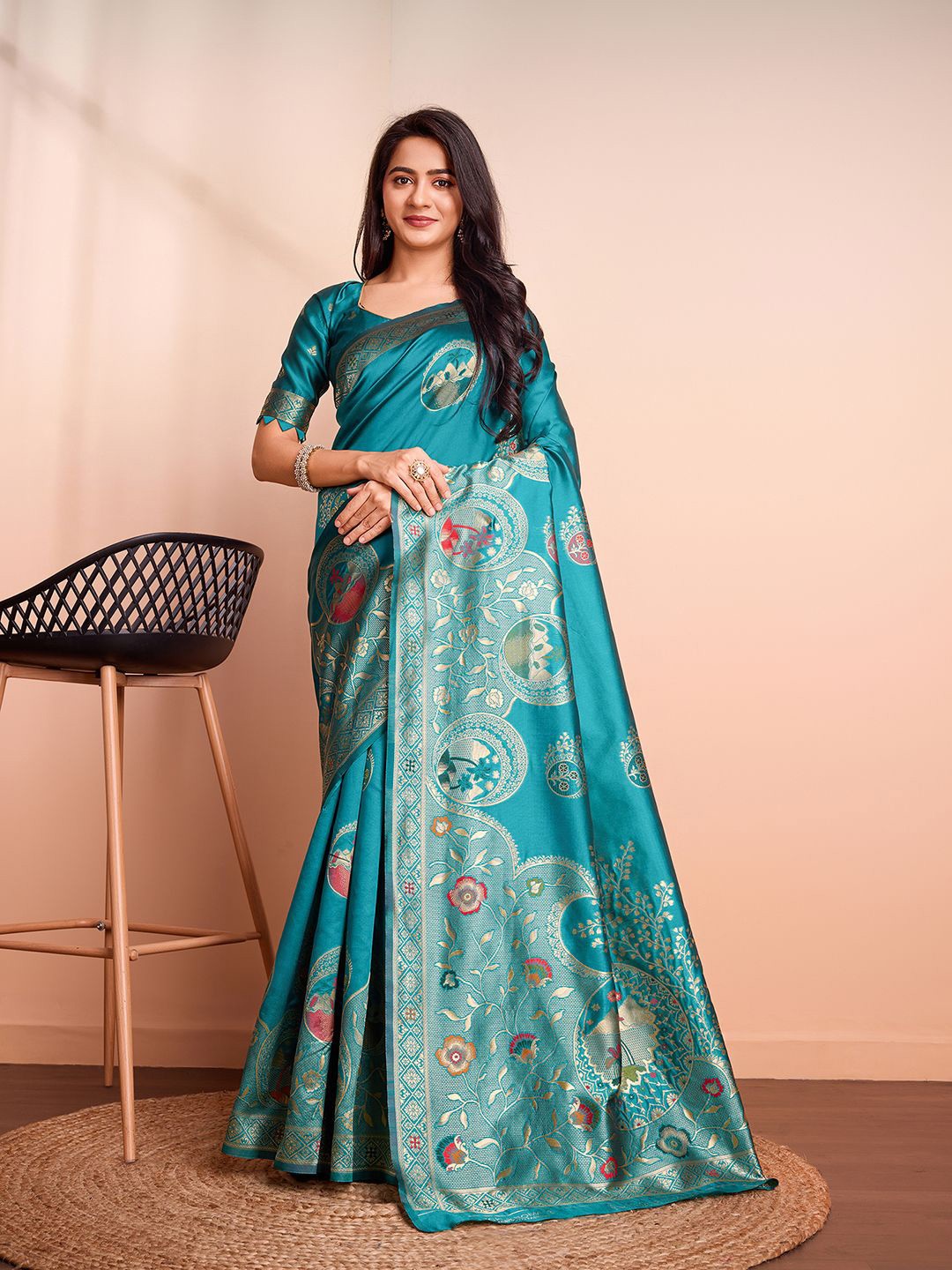 

RICH & ROMAN Ethnic Motifs Zari Woven Pure Silk Banarasi Saree, Teal
