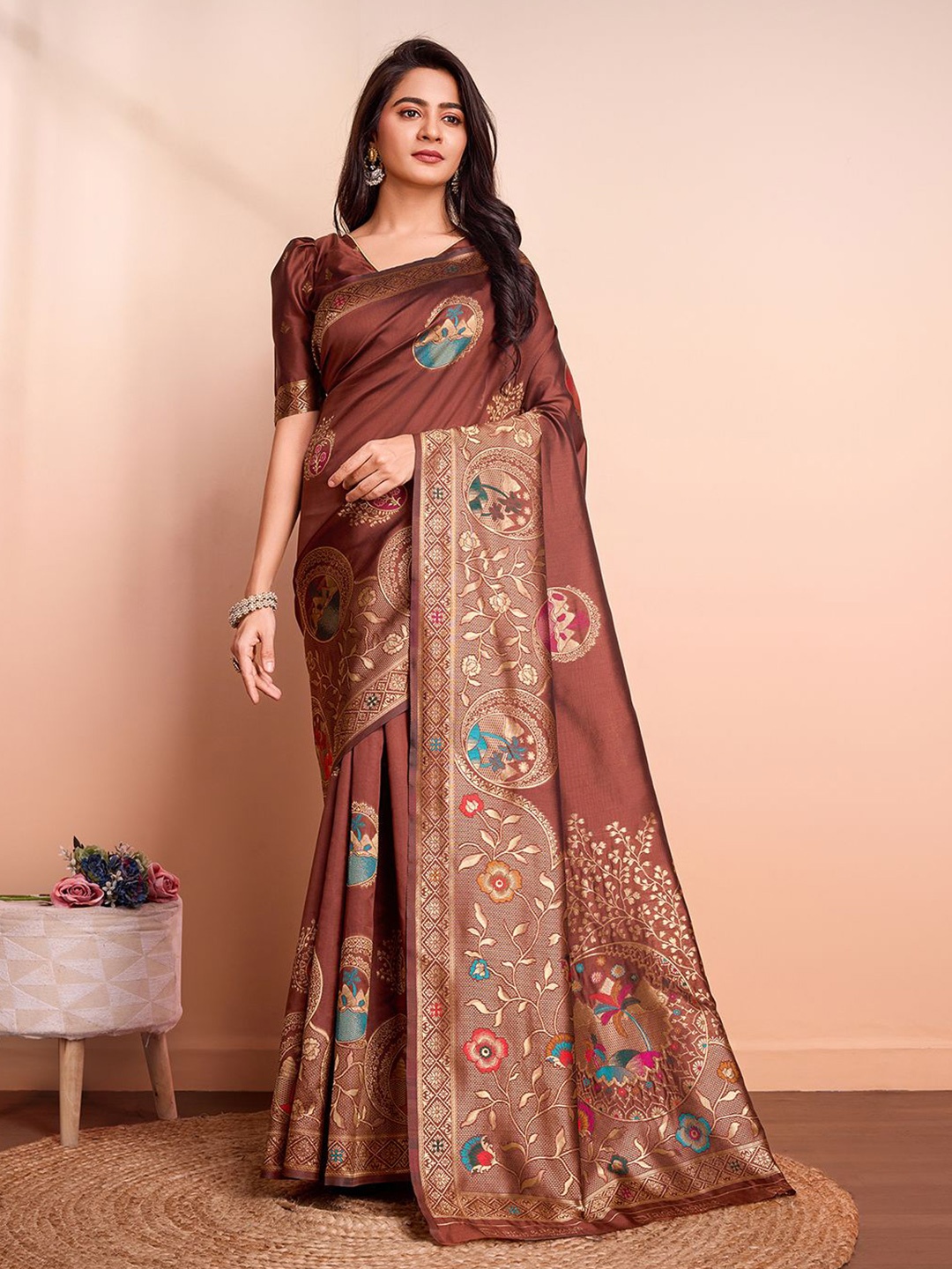 

RICH & ROMAN Ethnic Motifs Zari Woven Pure Silk Banarasi Saree, Coffee brown