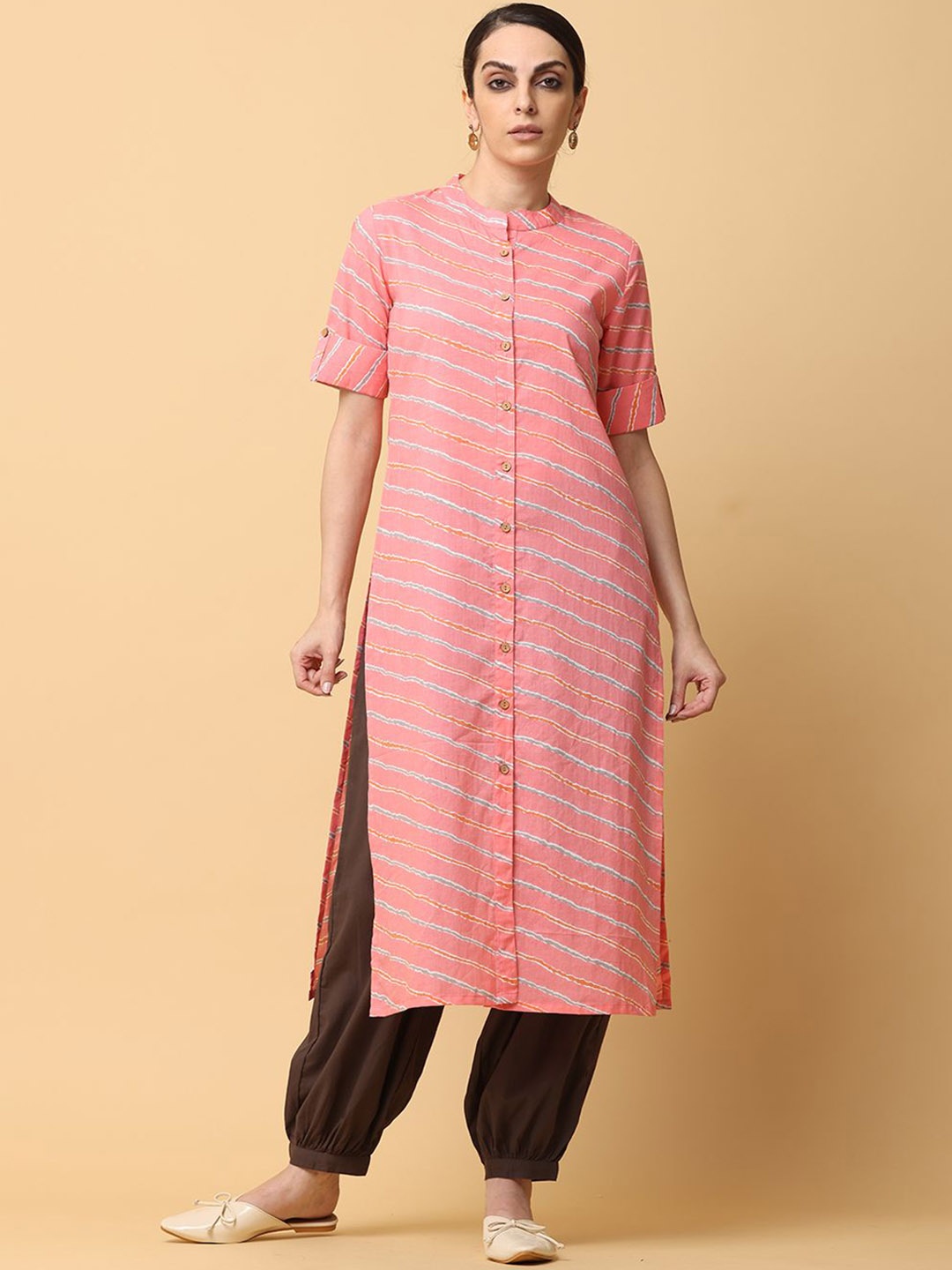 

all about you Leheriya Printed Mandarin Collar Roll-Up Sleeves Straight Cotton Kurta, Peach