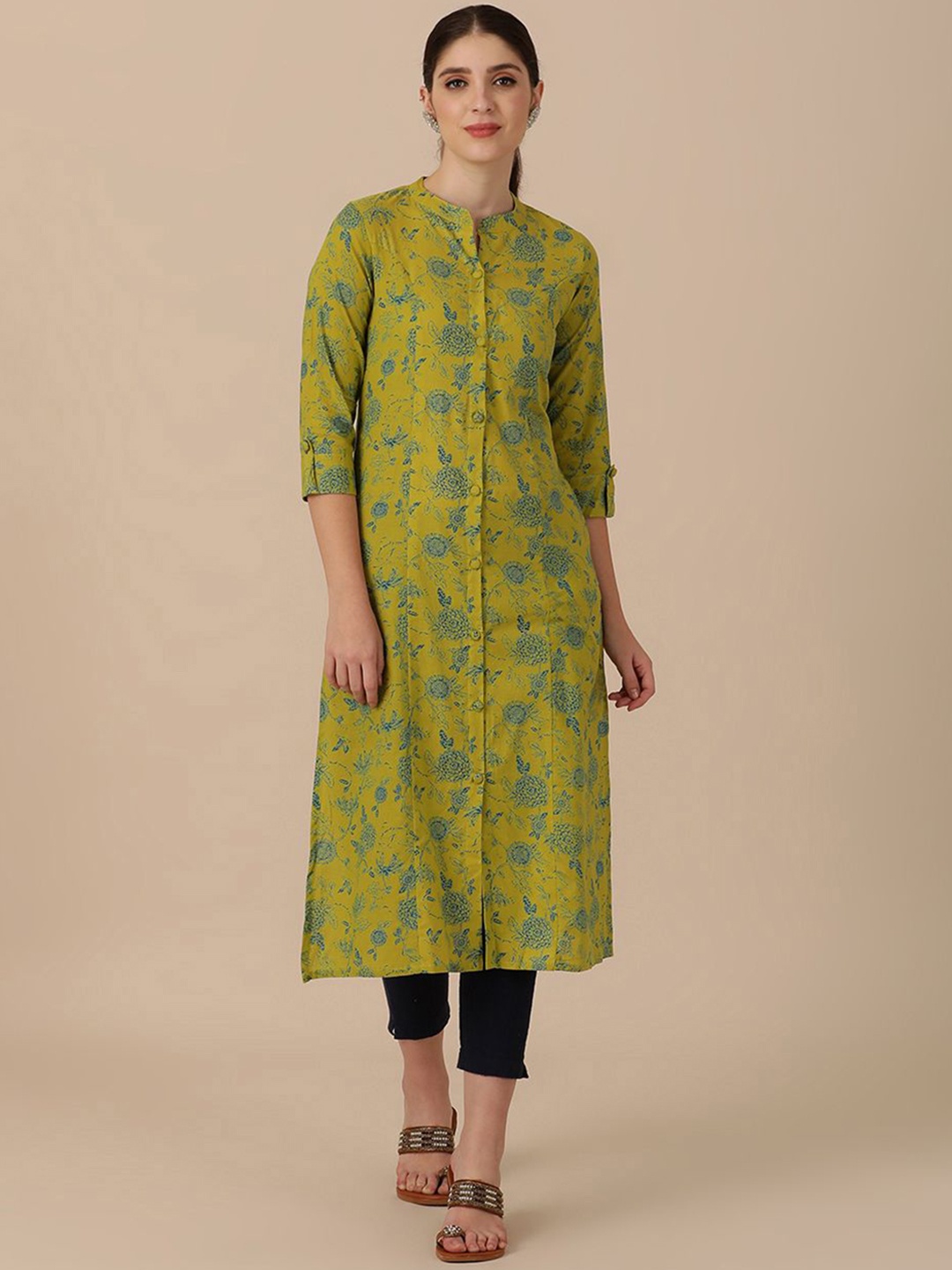 

all about you Floral Printed Mandarin Collar A-Line Cotton Kurta, Green