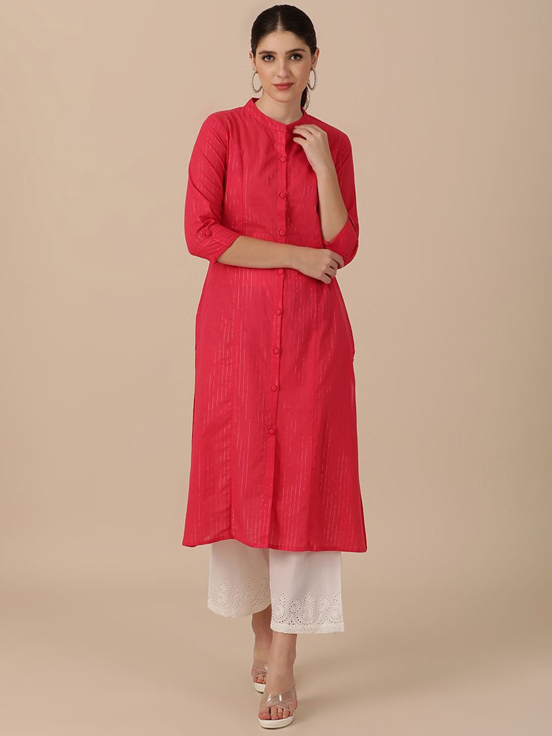 

all about you Striped Mandarin Collar Cotton A-Line Kurta, Pink
