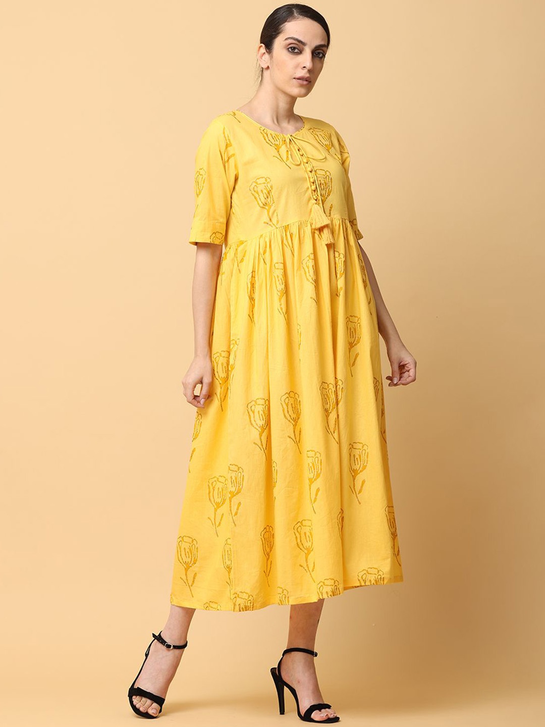 

all about you Floral Printed Keyhole NecK Thread Work Cotton Anarkali Kurta, Yellow