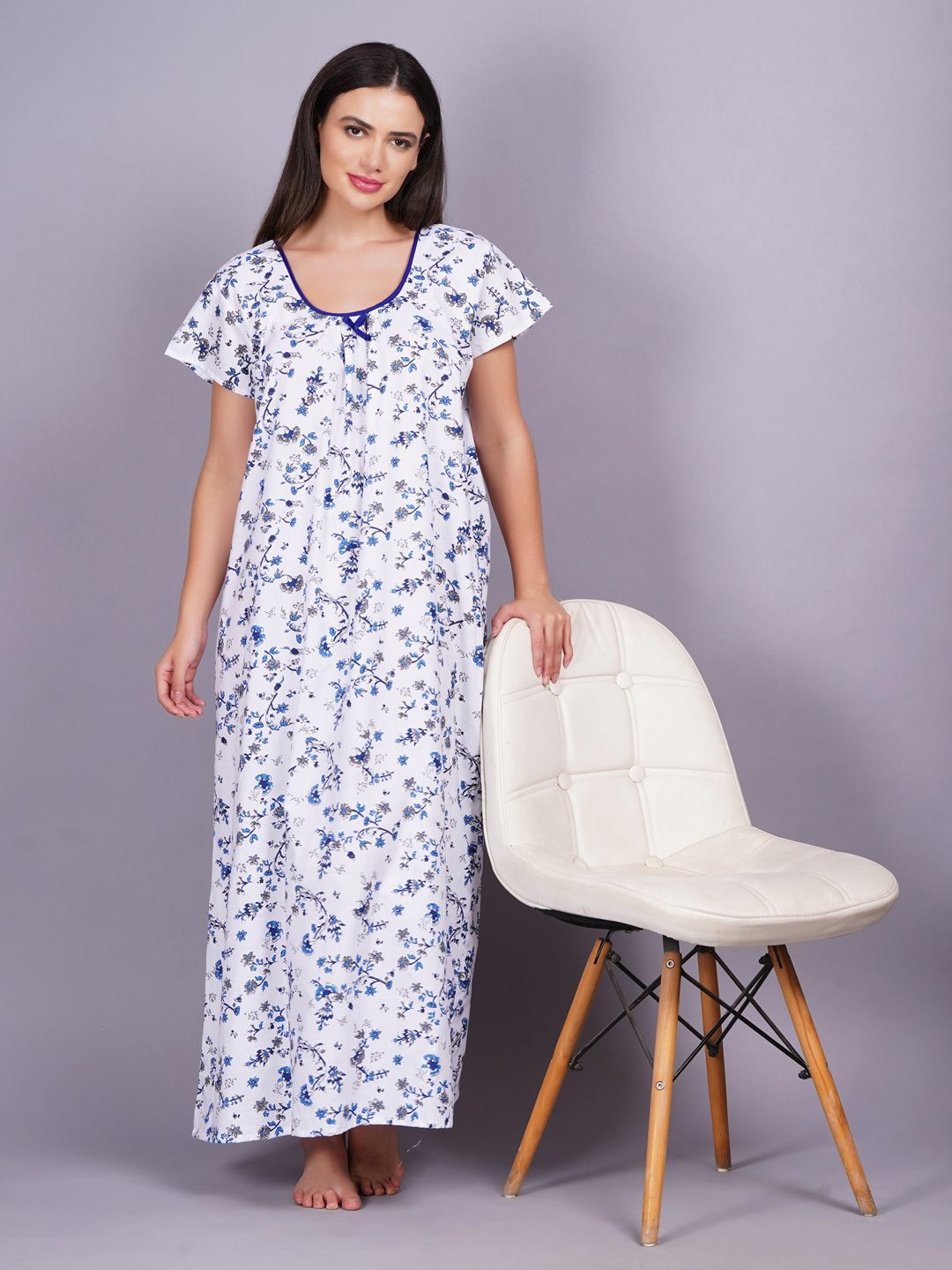 

Breezly Printed Round Neck Pure Cotton Maxi Nightdress, Blue