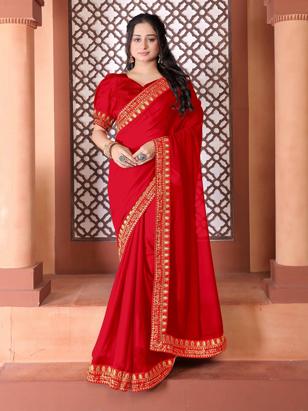 

DDRS FASHION Mirror Work Embroidered Saree, Red