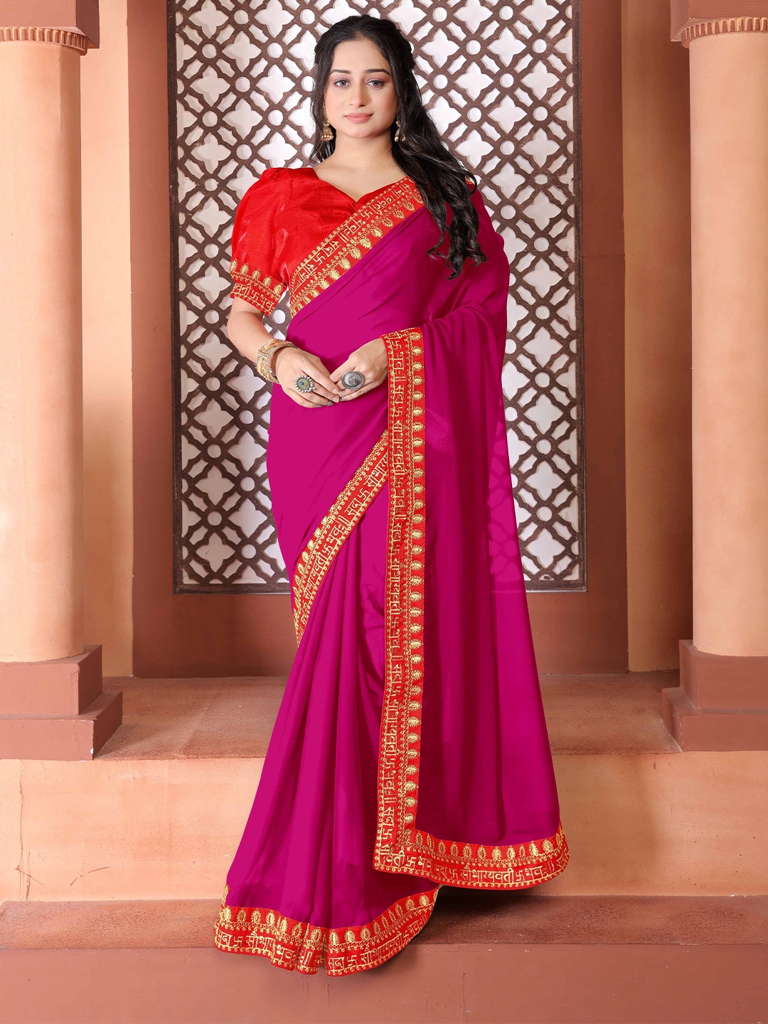 

DDRS FASHION Embroidered Mirror Work Saree, Purple