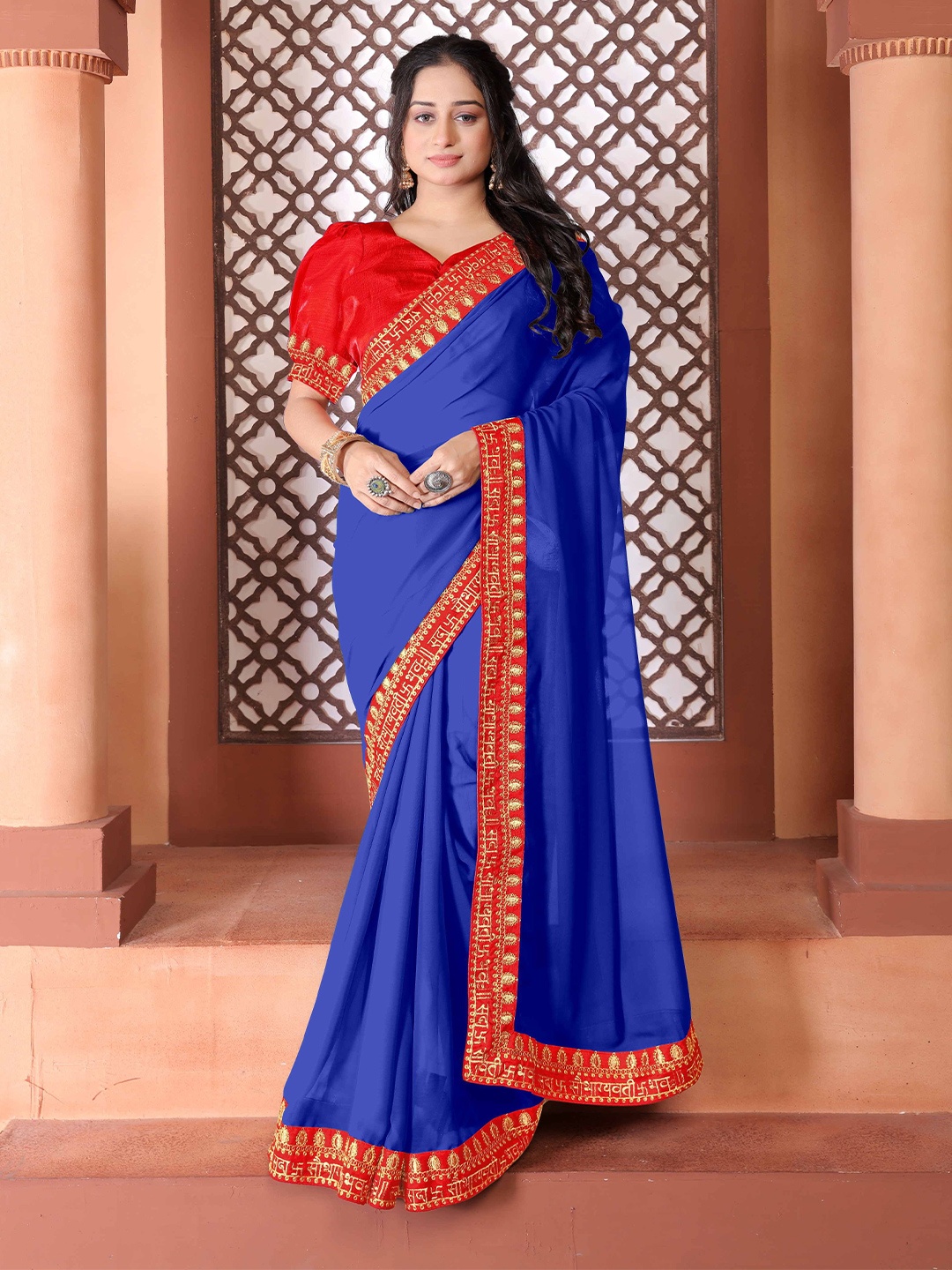 

DDRS FASHION Embroidered Mirror Work Saree, Blue