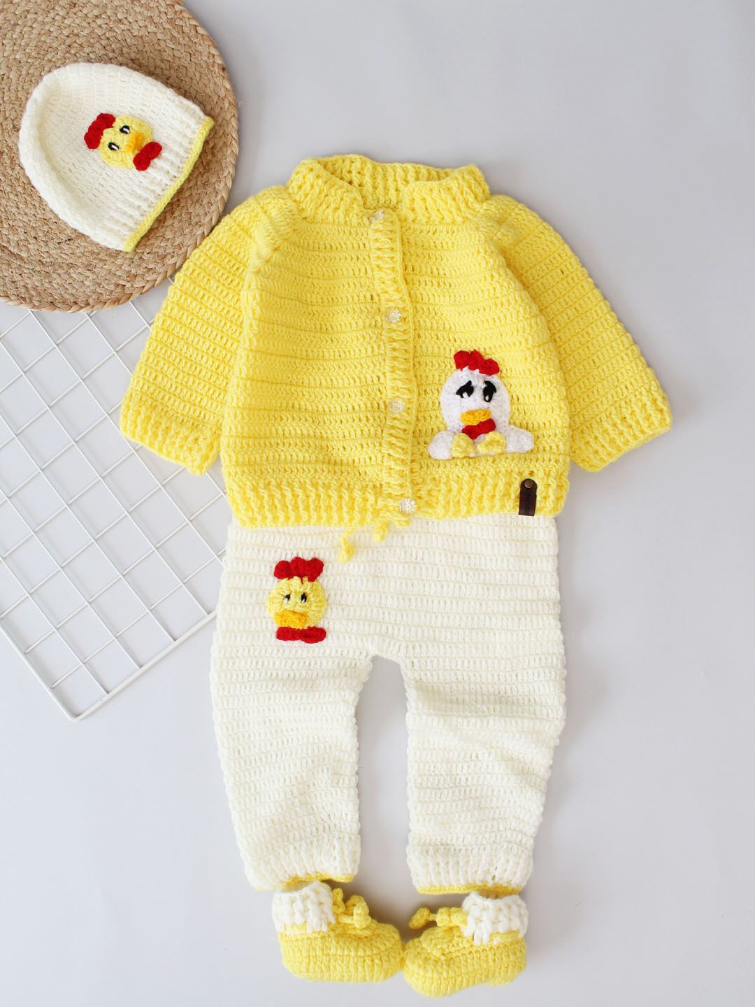 

Woonie Kids Self Design Acrylic Sweatshirt And Trousers With Matching Boots & Cap, Yellow