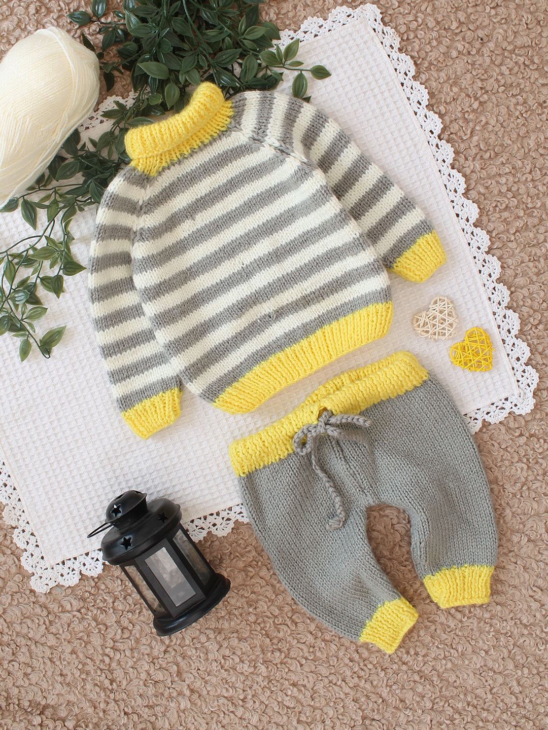 

Woonie Kids Striped High Neck Pure Cotton Sweatshirt & Trousers, Yellow