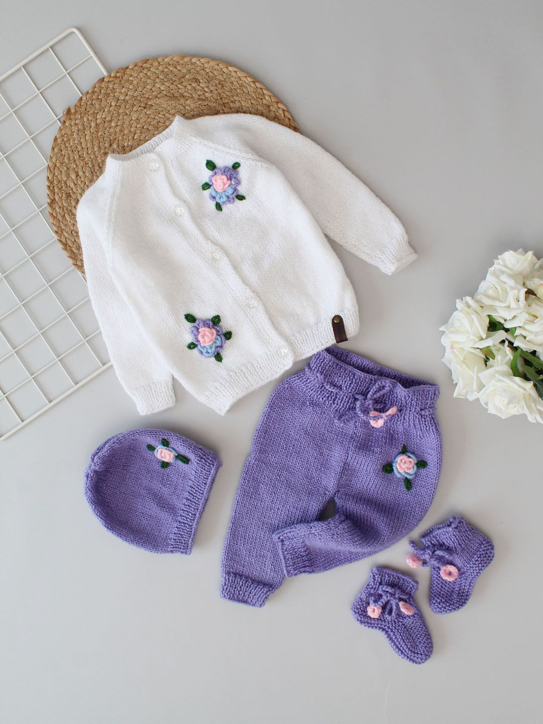 

Woonie Kids Floral Woven Design Cotton Sweatshirt & Trousers with Matching Boots & Cap, White