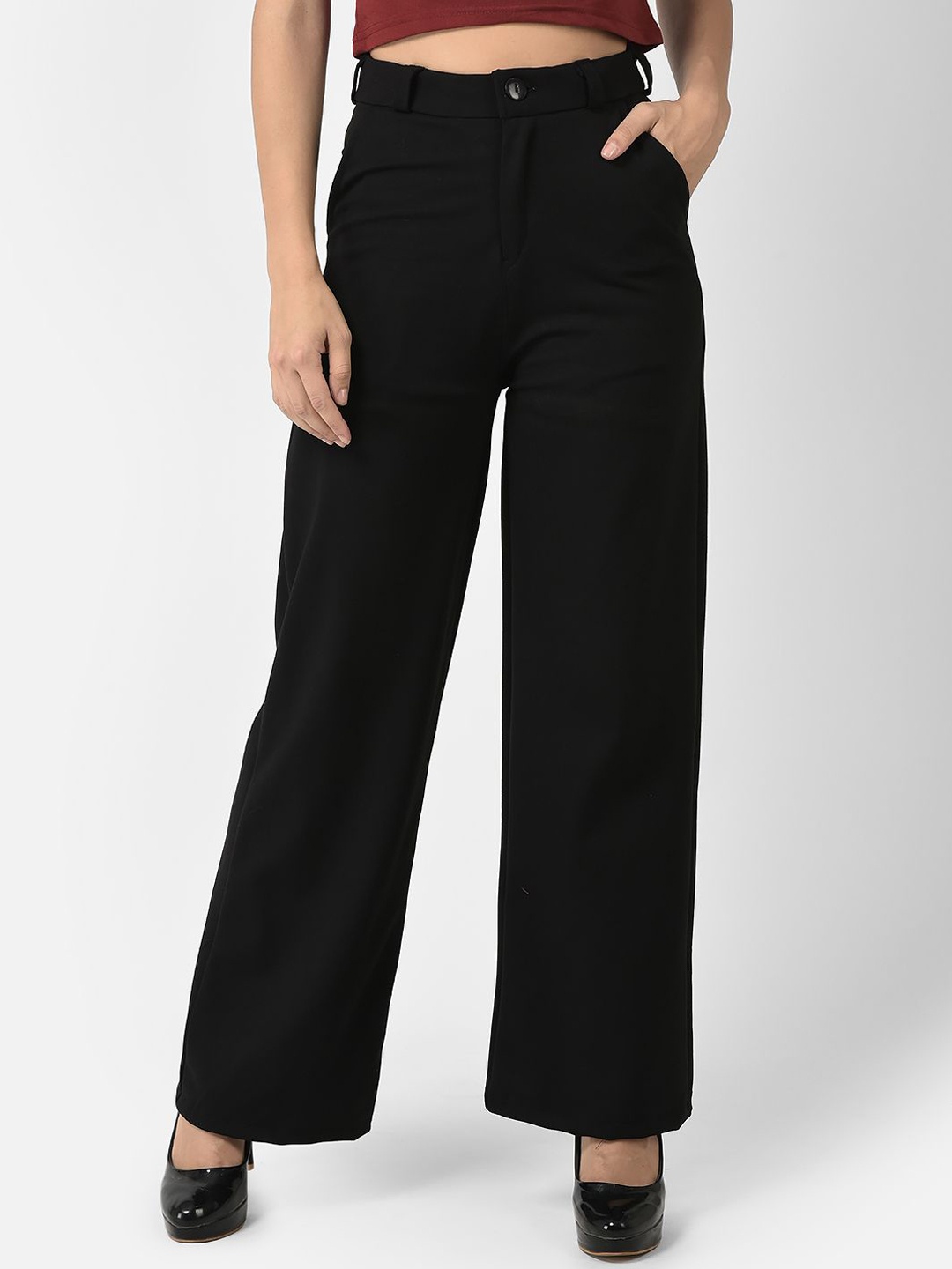 

FNOCKS Women Relaxed Straight Leg Straight Fit High-Rise Trousers, Black