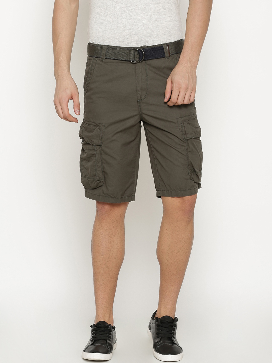 

t-base Men Olive Green Solid Regular Fit Cargo Shorts