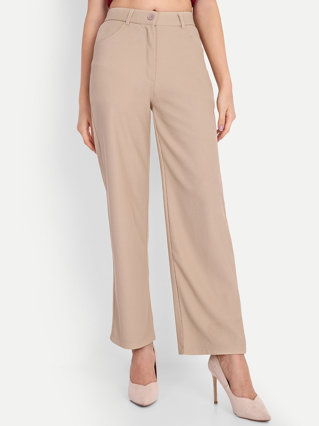 

FNOCKS Women Relaxed Straight Leg Straight Fit High-Rise Trousers, Beige