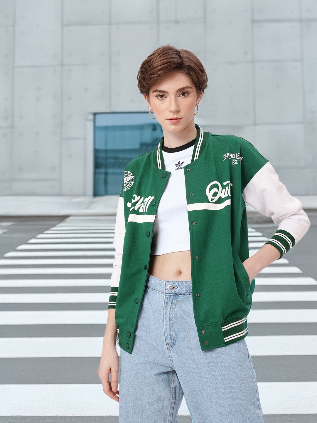 DressBerry Sporty Edge Printed Relaxed Fit Varsity Jacket, Green