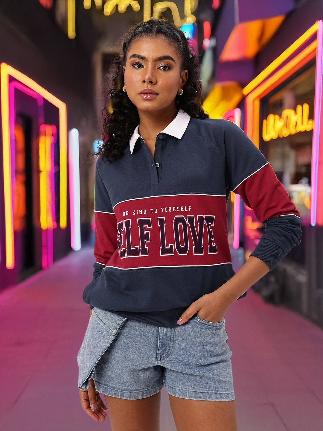 

DressBerry Campus Chic Printed Colourblocked Cotton Terry Sweatshirts, Navy blue