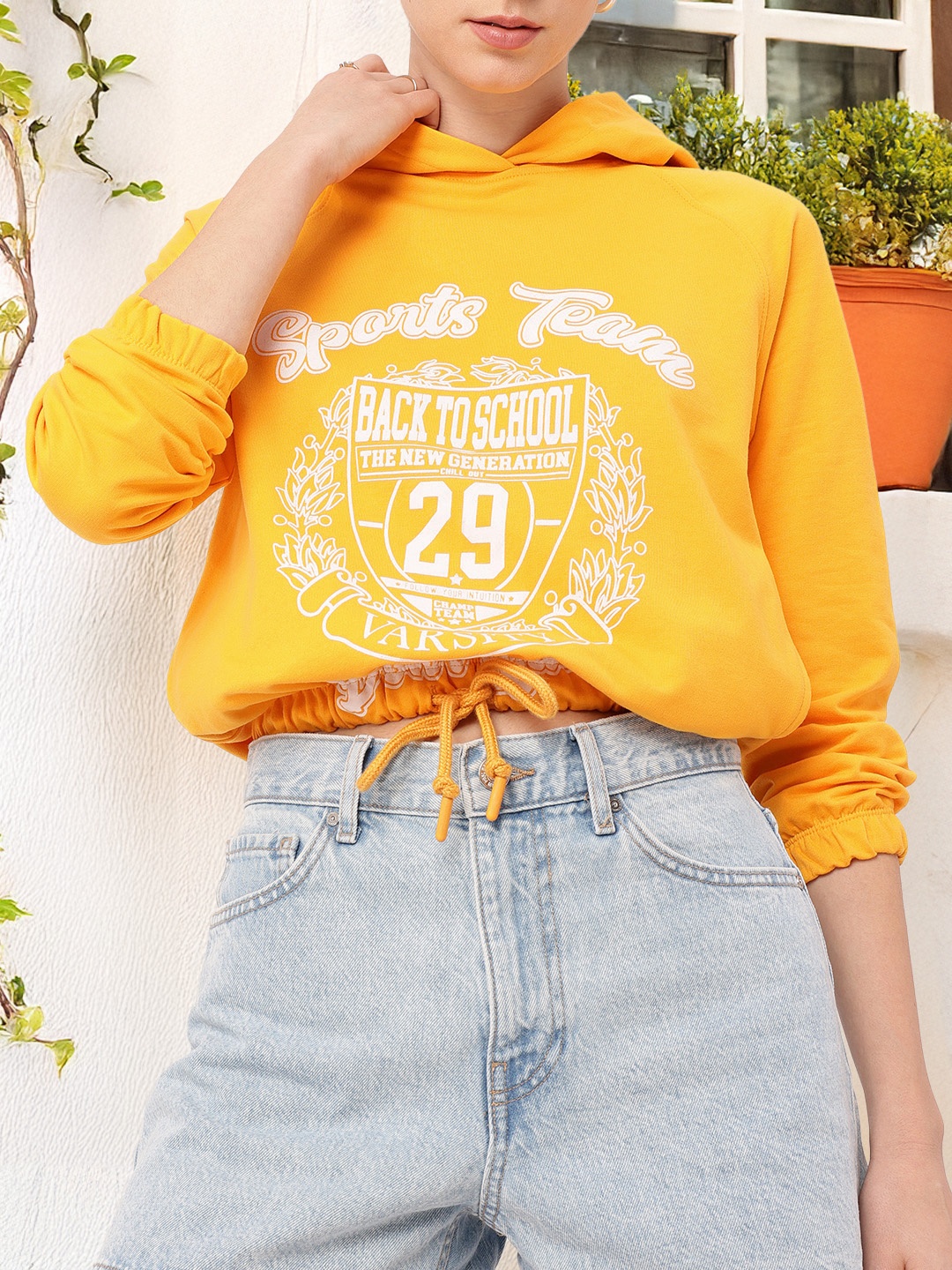 

DressBerry Sporty Vibe Printed Relaxed Fit Cotton Terry Hooded Sweatshirt, Yellow